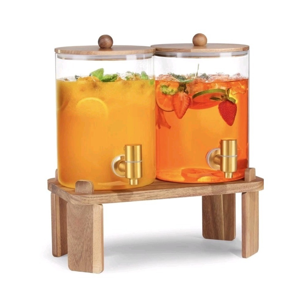 2 PCS 1 Gallon Drink dispenser Glass Beverage Dispenser Wood Stand Large Water